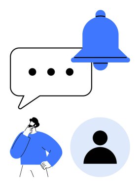 Zil simgesi, mesaj balonu, düşünen kişi ve uyarı, etkileşim ve iletişimi temsil eden kullanıcı profili çemberi. Anımsatıcı, profil ve mesaj sorgulama fikirleri için ideal basit güncellemeler