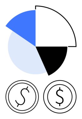Turta grafiği mavi, beyaz ve siyah olmak üzere üç ayrı segmentten oluşuyor ve yanında da iki dolarlık paralar var. Bütçe, finans, yatırım, tasarruf ekonomisi analizleri için ideal. Düz basit metafor