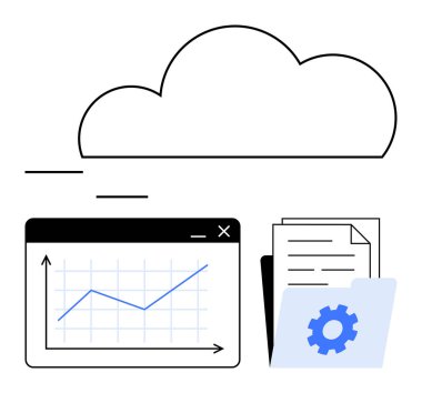 Analiz çizelgesi üzerinde bulut, istiflenmiş belgeler ve veri depolama ve analizi vurgulayan dişli simgesi olan bir klasör. Bulut hesaplama, analitik, veri yönetimi, organizasyon ve teknoloji için ideal