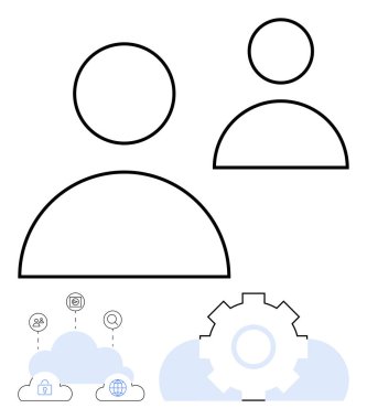 Birbirine bağlı sembolleri ve bir dişli simgesi olan iki kullanıcı profili simgesi takım çalışması, bulut depolama, otomasyon ve dijital süreçleri temsil ediyor. İletişim ve ağ kurmak için ideal