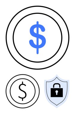 Paralardaki dolar işaretleri bir kalkan ile eşleştirilmiş maddi koruma. Finans, güvenlik, bankacılık, yatırım, tasarruf, istikrar, para koruma temaları için ideal, düz basit metafor