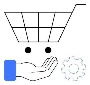 Tekerlekli alışveriş arabası, el hareketi ve teçhizat. E-ticaret çözümleri, müşteri hizmetleri, iş araçları, yenilik, destek sistemleri, perakende hizmetleri için ideal düz metafor
