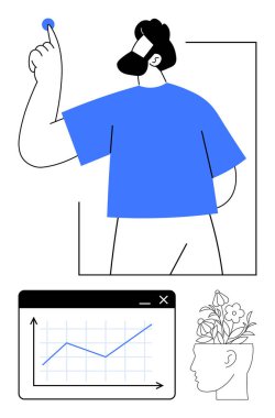 Parmak kaldıran adam, yukarı doğru grafikler ve büyüyen bitkilerle baş. Motivasyon, yaratıcılık, kişisel gelişim, gelişme, yenilik zihinsel sağlık farkındalığı için idealdir. Düz basit metafor