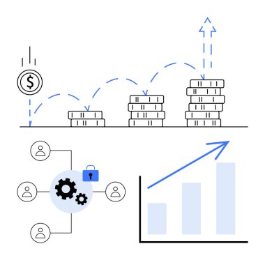 Yükselen oklu bozuk paralar, yükselen çizelge ve güvenli takım işbirliği simgesi. Finans, yatırım stratejisi, takım çalışması, veri analizi, büyüme, iş planlaması için ideal daire