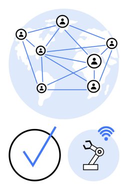 Dünya haritasında bağlı kullanıcılar, onaylanmış kontrol işareti, kablosuz kontrollü robot otomasyonu. Teknoloji, iletişim, ağ, işbirliği, doğrulama yapay zeka entegrasyonu için ideal. Düz