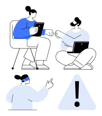 İnsanlar tablet kullanarak fikir alışverişinde bulunuyor. Uyarı levhasının yakınındaki dizüstü bilgisayarlar. Takım çalışması, iletişim, yenilik, teknoloji, problem çözme, işbirliği kararı verme için ideal. Düz