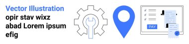 Aletler için ingiliz anahtarı, navigasyon için konum şifresi, finans için ödeme makbuzu. Teknoloji, araçlar, finans, navigasyon, hizmet optimizasyonu e-ticaret süreci yönetimi için idealdir. Soyut