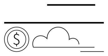 Dolar teknolojisini, tasarrufu, dijital yeniliği, çevrimiçi depolamayı, bulut hesaplamasını, ekonomik değişimi ve basitleştirilmiş teknolojiyi tasvir eden bir bulut tasarımı. Finans ve teknoloji için ideal