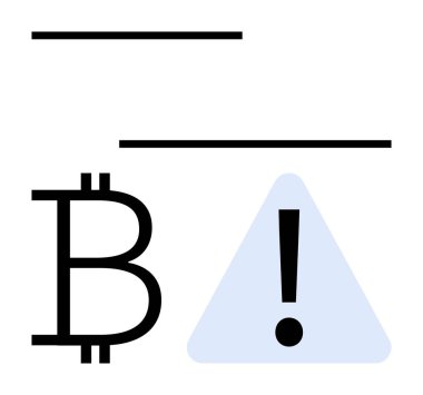 Uyarı üçgeninin yanında Bitcoin sembolü kripto para birimi risklerini, dolandırıcılığı, güvenlik sorunlarını ve ihtiyatı gösterir. Engelleme zinciri, yatırım, siber suç farkındalığı, mali uyarılar, güvenlik için ideal