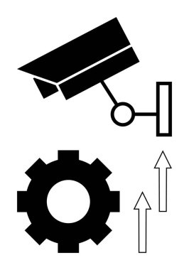 Siyah güvenlik kamerası gözetimi vurguluyor, teçhizat mekanizmayı veya işlemleri simgeliyor, oklar ilerlemeyi ve gelişmeyi simgeliyor. Güvenlik, izleme, yenilik, üretkenlik ve teknoloji için ideal