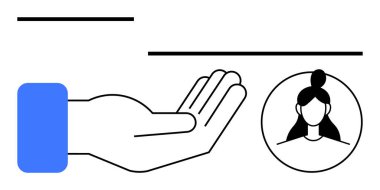 Mavi kollu uzanmış bir el, daire şeklinde bir kadın portresine doğru uzanıyor. Destek, empati, yardım, güven, işbirliği, bağlantı, bakım için ideal. Düz basit metafor