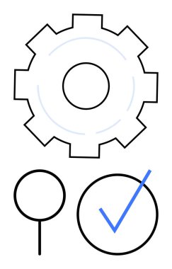 Dişliler, büyüteç ve kontrol işaretleri iş akışı optimizasyonunu, kalite güvencesini, problem çözümü, verimliliği, sistem iyileştirmesini, işlem doğrulamasını ve düz basit metafordaki yeniliği sembolize eder