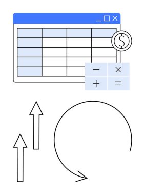 Sayılar ve para birimi sembollü hesap çizelgesi, hesap makinesi tuş takımı, yukarı doğru oklar ve dairesel ok. Finans, bütçe, veri analizi, büyüme, muhasebe hesaplama iş stratejisi için ideal