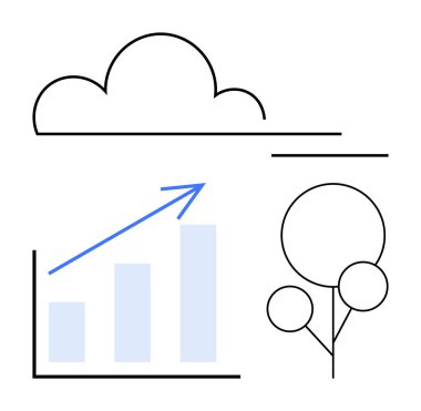 Rising bar graph with an upward arrow, simple cloud illustration above, three-leaf tree design. Ideal for sustainability, growth, progress, environment, ecology business development success. Flat