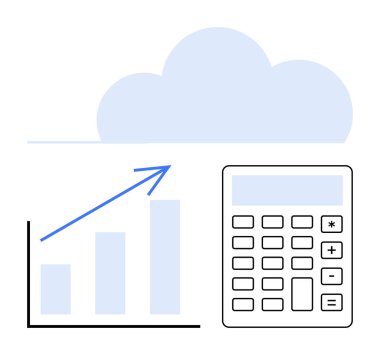 Bulut simgesi, yukarı doğru ok çizelgesi, hesap makinesi. Finans, muhasebe, yatırım, analiz, teknoloji stratejisi veri görselleştirme için idealdir. Düz basit metafor