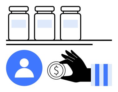 Üç kavanoz ve kullanıcı simgesi yanında el ele tutuşan bozuk para, mali yönetim, kaynak tahsisini, tasarruf, yatırım, bütçe, perakende hizmetleri veya ekonomik tercihleri gösteriyor. Basit bir daire için ideal