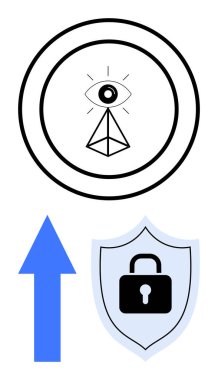 Piramidin içindeki göz eşmerkezli daireler, yukarı doğru ok ve asma kilitli kalkan. Güvenlik, vizyon, ilerleme, strateji, veri koruma liderlik yeniliği için ideal. Düz basit metafor