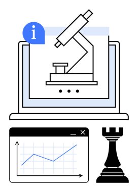 Dizüstü bilgisayarda mikroskop, web penceresinde çizelge, satranç kalesi. Araştırma, veri analizi, strateji, teknoloji, inovasyon öğrenme keşfi için idealdir. Basit düz metafor