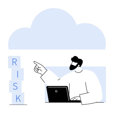 Bir dizüstü bilgisayar üzerinde çalışırken, üst üste yığılmış risk bloklarını işaret eden bir adam. Risk yönetimi, karar verme, iş stratejisi, teknoloji, veri güvenliği, bulut çözümleri, soyut
