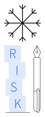 Üstte kar tanesi, katmanlı mavi bloklar RISK yazılıyor, ve sağda bir dolmakalem. Risk yönetimi, hassasiyet, yaratıcılık, karar verme, analiz, soyut çizgi planlama için ideal