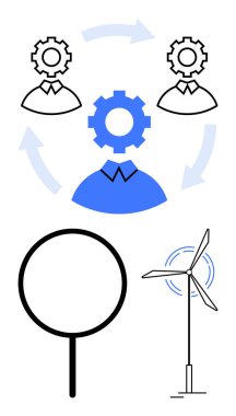 Birbirine bağlı viteslerle birbirine bağlı insan figürleri, büyüteç vurgulama analizi, ekolojik enerjiyi temsil eden rüzgar türbini. İşbirliği, süreç, enerji ve ekolojik yenilik için ideal