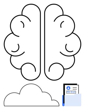 Bulut yakınındaki minimalist beyin profilli bir klasör. Teknoloji, dijital depolama, bilgi, organizasyon, eğitim, nörobilim ve yenilik için ideal. Düz basit metafor