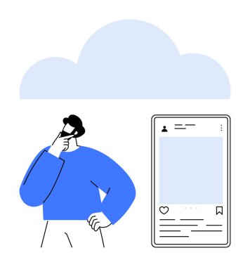 Mobil ekran arayüzü ve büyük bulut sembolü yakınındaki bireysel düşünce. Sosyal medya, bulut depolama, dijital pazarlama, çevrimiçi ağ, teknoloji, iletişim, düz basit metafor