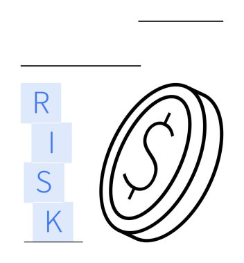 RISK blokları, maddi risk, yatırım muhakemesi ve denge temalarını vurgulayan bir madeni paranın yakınına istiflenmiş. Finans, yönetim, strateji, ekonomi, işletme ve eğitim için idealdir.