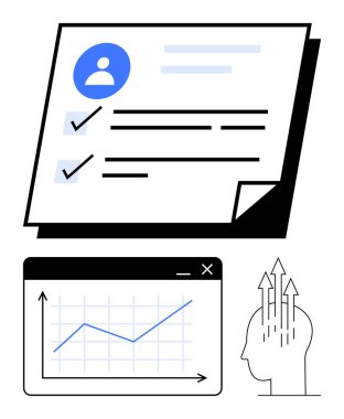 Kontrol işaretli profil dokümanı, penceresinde büyüme çizelgesi ve yukarı doğru oklu insan kafası. Kişisel ilerleme, analiz, strateji, öğrenme, verimlilik, kariyer gelişimi için ideal