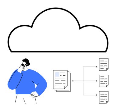 Büyük bulut şekli dijital depolamayı, insan düşüncesini, ağdaki belgeleri sembolize ediyor. Veri yönetimi, bulut hesaplama, organizasyon, iş akışı, teknoloji, otomasyon dairesi için ideal