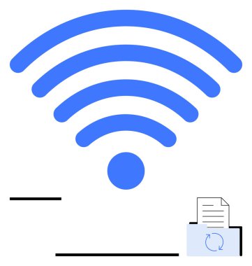 Kablosuz sinyal senkronize bir belgenin üzerinde dalgalar yayıyor. Teknoloji, iletişim, veri paylaşımı, bağlantı, bulut hesaplama, dosya yönetimi, mobil çözümler için idealdir. Düz basit metafor