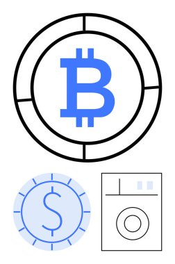 Dairesel çerçeve, dolar parası, kriptoyu temsil eden çamaşır makinesi, para aklama, dijital para birimi, ticaret, risk, merkezi olmayan ekonomi düz metaforu.