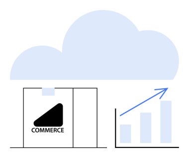 E-ticaret deposu bulutların altında bir bar çizelgesi ve yükselen okla büyüme ve başarıyı gösteriyor. Teknoloji, ticaret, analitik, veri yönetimi, bulut çözümleri, büyüme stratejisi için ideal