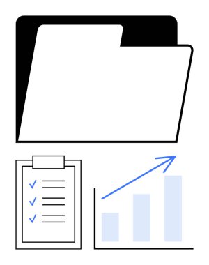 Kontrol listesi ve bar çizelgesine sahip klasör organizasyonu, görev önceliklerini ve büyüme takibini gösteriyor. Üretkenlik, iş stratejisi, veri analizi, hedef belirleme, iş akışı planlaması için ideal