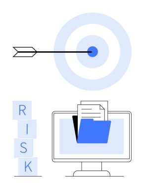 Ok hedefe ulaşıyor, dijital klasördeki organize belgeler monitörde ve RISK blokları istifleniyor. Hassasiyet, risk yönetimi, hedef başarı, veri örgütü, karar verme, kurumsal