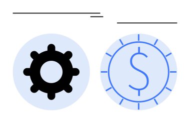 Açık mavi daireler içinde siyah dişli ve mavi paralı paralar, minimal çizgiler. Finans, verimlilik, ticaret, süreç yönetimi, yatırım, bütçe belirleme için ideal. Düz basit metafor