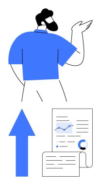 Veri analiz belgeleri, grafikler ve çizelgeler üzerinde çalışan kişi. Yukarı ok büyümeyi, başarıyı ve ilerlemeyi simgeler. İş için ideal, strateji finansman planlama liderlik verimliliği. Düz