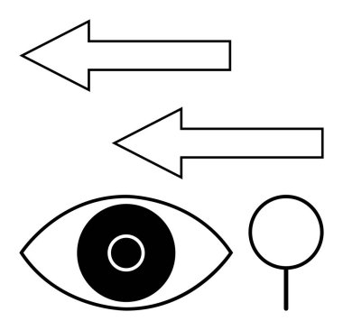 İki yönlü oklarla eşleştirilmiş göz sembolü ve bir büyüteç, gözlemi, odaklanmayı, netliği, karar vermeyi, görüş izlemeyi, hedef hedeflemeyi, analizi vurguluyor. Odaklanmak için ideal