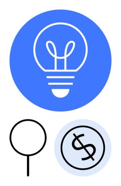 Mavi çemberdeki ampul yaratıcılığı simgeler, arama için yenilik büyüteci, analiz dolar işareti finansı, karı simgeler. İş, pazarlama, araştırma, strateji ve gelir için ideal