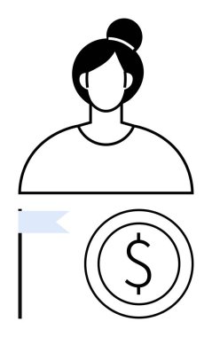 Bayrak ve dolar sembolünün üstünde bir topuz olan kadın ana hatları. Liderlik için ideal, birikim, başarı, kariyer, finans, hedef belirleme, motivasyon. Basit düz tasarım metaforu