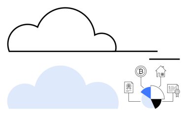 Engelleme sembollü soyut bulut ana hatları, emlak simgeleri, pasta grafiği ve sertifikalar. Veri güvenliği, yenilik, dijital depolama, kripto para birimi, finans analitik teknolojisi için ideal
