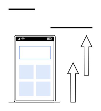 Küçük uygulama düzeni ve yükselen iki oklu akıllı telefon ekranı. Teknoloji, yenilik, ilerleme, iletişim, dijital eğilimler, iş büyümesi için ideal, düz basit metafor