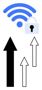 Kablosuz sinyal ve asma kilit güvenliğin yanı sıra yukarı doğru üç ok veri akışını, ilerlemeyi ve büyümeyi sembolize ediyor. Teknoloji, ağ oluşturma, internet güvenliği, güvenlik ve veri için ideal