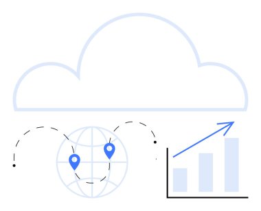 Yerin üstünde bulut çizgisi, konum pimleri, noktalı bağlantı çizgileri ve yukarı doğru çubuk grafiği. Bulut hesaplama, veri paylaşımı, küresel bağlantı, ağ oluşturma, analitik büyüme yeniliği için idealdir. A