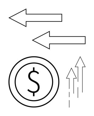 Karşıt iki ok döviz kurunu temsil eden dolar sembolü ve yukarı doğru çıkan oklar finansal büyümeyi gösteriyor. Ekonomi, ticaret, yatırım, kâr, pazar eğilimleri ve analitik için ideal