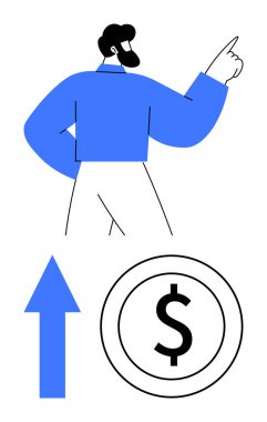 İşadamı yukarı doğru hareket ediyor, kolları açık, yukarı doğru ok ve para ile eşleştirilmiş. Büyüme stratejisi, mali başarı, yatırım, başarı, kariyer ilerlemesi, motivasyon, düz