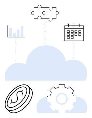 Bulut tabanlı bar çizelgesi, bulmaca parçaları, takvim, para ve teçhizat. Teknoloji, veri yönetimi, üretkenlik takım çalışması iş planlama yeniliği için ideal. Düz basit metafor