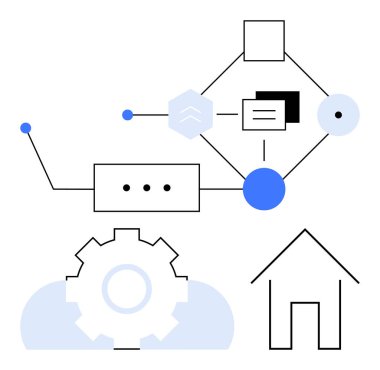 Soyut bağlantıları, ikonları, teçhizatı ve evi olan akış şeması iş akışı, karar verme mekanizması, otomasyon veya ev teknolojisi öneriyor. İş ve süreç planlama sistemi tasarımı için ideal