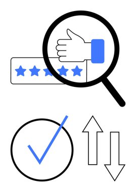 Büyüteci büyütmek, kaliteyi ve olumlu geri bildirimi sembolize eden bir yıldız derecelendirme çubuğuna başparmak kaldırır. Onay için bir kontrol işareti ve karar verme için oklar içerir. Geri bildirim için ideal