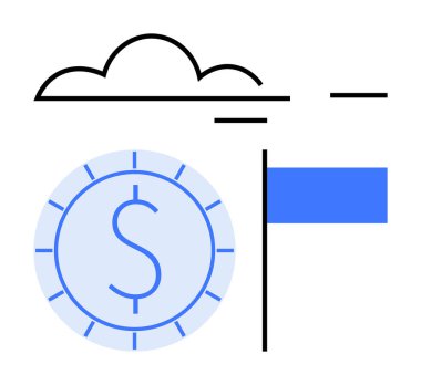 Üzerinde saat ayrıntıları olan dolar sikkesi, üstünde bulut ve yanında mavi bayrak. Finans, tasarruflar, yatırımlar, hedefler, bulut sistemleri girişimleri ve dijital ekonomi kavramları için ideal. Düz basit metafor